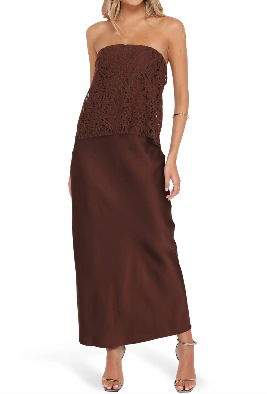 Petal & Pup Lelita Strapless Lace Formal Maxi Dress Rust Brown NWT Size M